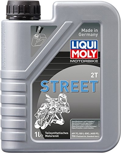 Gray plastic container of LIQUI MOLY 1504 Engine Oil, 1 liter capacity, featuring a motorcycle graphic, labeled as part synthetic oil, with German manufacturing indication.