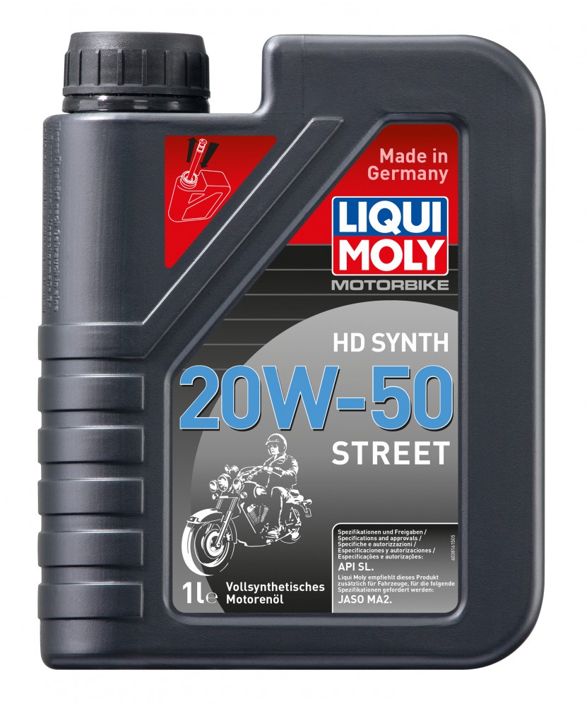 LIQUI MOLY 3816 Engine Oil 20W-50 in a 1-liter gray plastic container featuring a motorcycle graphic, red and blue branding, and text indicating it's full synthetic oil.