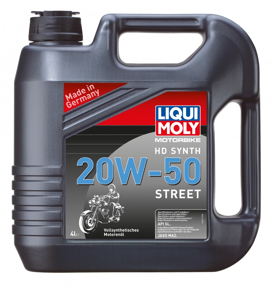 Black plastic container of LIQUI MOLY 3817 Engine Oil, 20W-50, 4L capacity, featuring a motorcycle graphic and text indicating full synthetic oil, with a "Made in Germany" label.