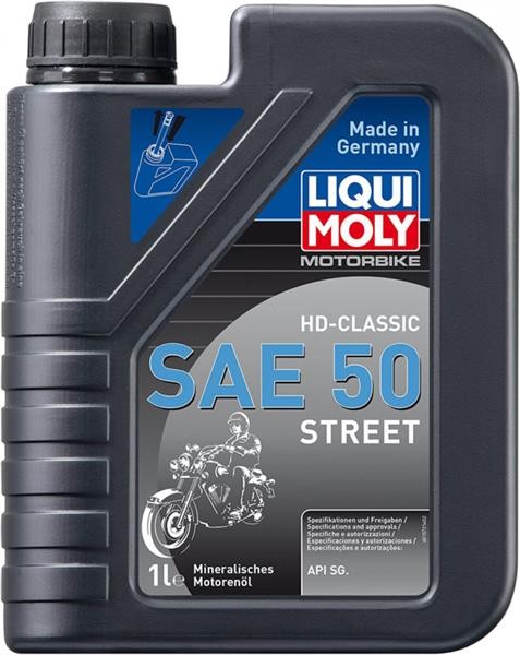Black plastic bottle with a gray label featuring "LIQUI MOLY" logo, "SAE 50" in bold blue text, and an illustration of a motorcycle; capacity of 1 liter, marked as mineral oil.