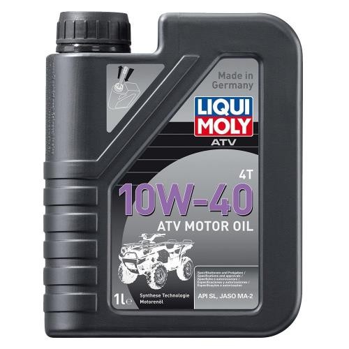 Black plastic container of Liqui Moly 4 Stroke Semi Synthetic ATV SxS 10W-40 Oil, featuring a gray label with purple text and an illustration of an ATV, marked as 1 liter.