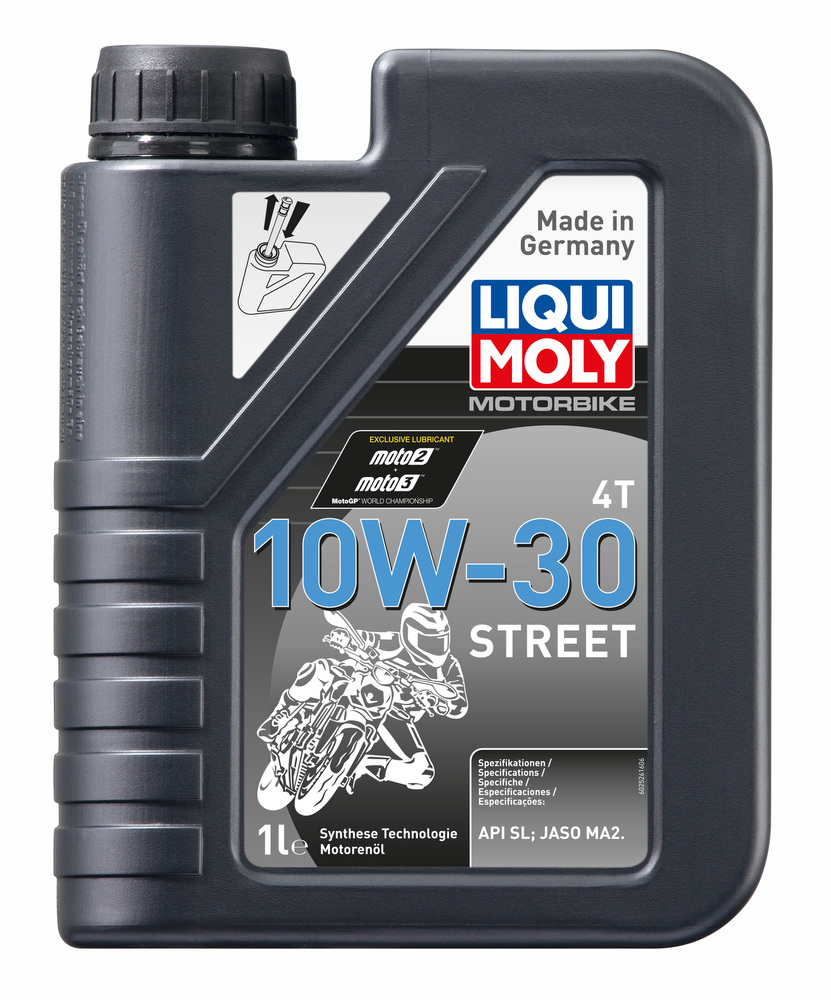 LIQUI MOLY 2526 Engine Oil 10W-30 in a 1-liter black plastic container featuring a motorcycle graphic, with a blue and red label indicating part synthetic oil.