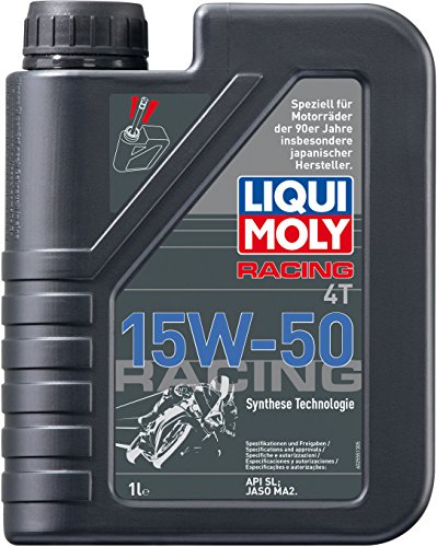 Black plastic bottle of LIQUI MOLY 2555 Engine Oil 15W-50, featuring a racing design, with a capacity of 1 liter and marked specifications for motorcycle use.