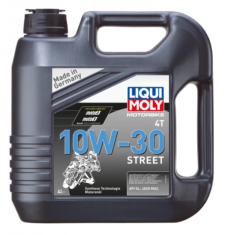 Black plastic container of Liqui Moly REPSOL RPP2065LHC Engine Oil, 1 liter, part synthetic, labeled 10W-30, featuring a motorcycle graphic and "Made in Germany" text.