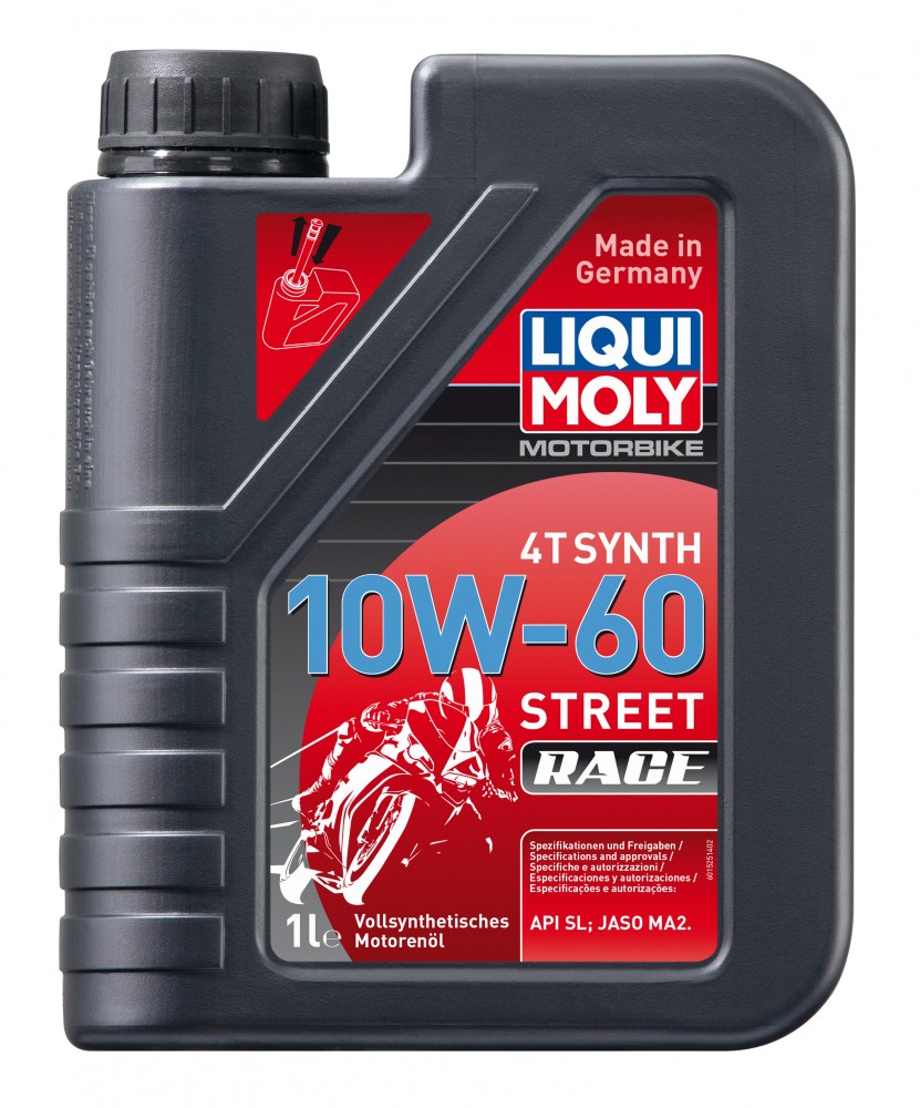 Black plastic container of LIQUI MOLY 1525 Engine Oil, 1 liter, featuring a red and gray label with "10W-60" and a racing motorcycle graphic, indicating full synthetic oil.