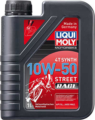Black plastic container of LIQUI MOLY 1502 Engine Oil, 10W-50, 1L capacity, featuring a red and blue label with a motorcycle graphic and text indicating full synthetic oil.