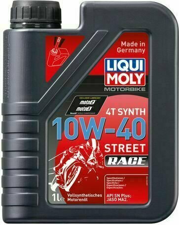 Black plastic container of LIQUI MOLY 20753 Engine Oil, 1 liter, featuring red and blue labels, with "10W-40" and "RACE" prominently displayed, designed for synthetic engine use.