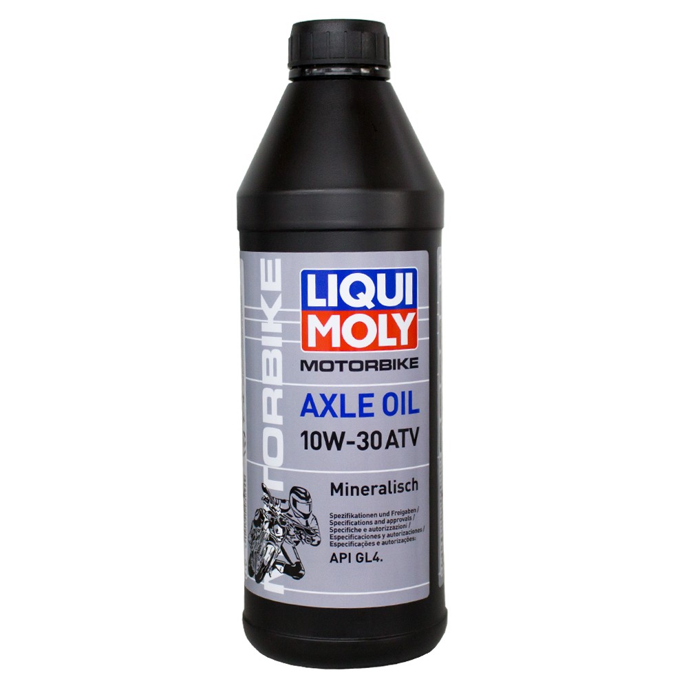 Black plastic bottle of Liqui Moly ATV Axle Oil, 1 litre, featuring a blue and red label with "10W-30 ATV" and "Mineralisch" text, ideal for off-road vehicles.