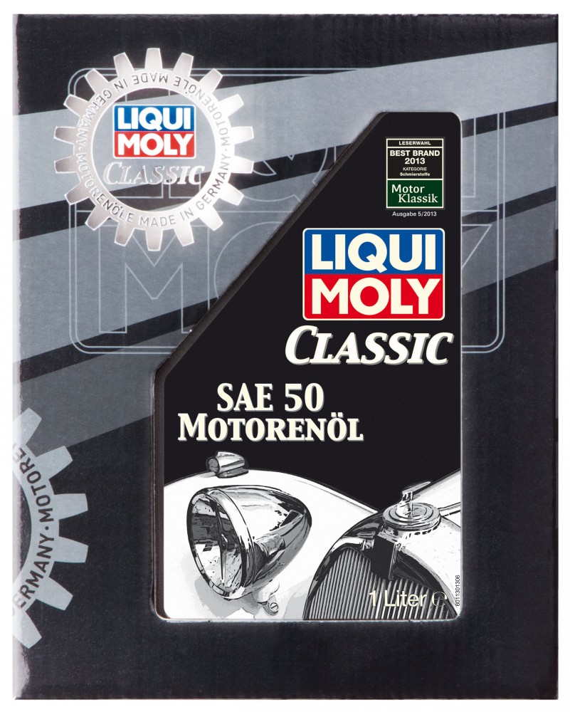 Black and silver container of LIQUI MOLY 1130 Engine Oil SAE 50, 1-liter capacity, featuring a vintage car graphic and a prominent red and blue logo.