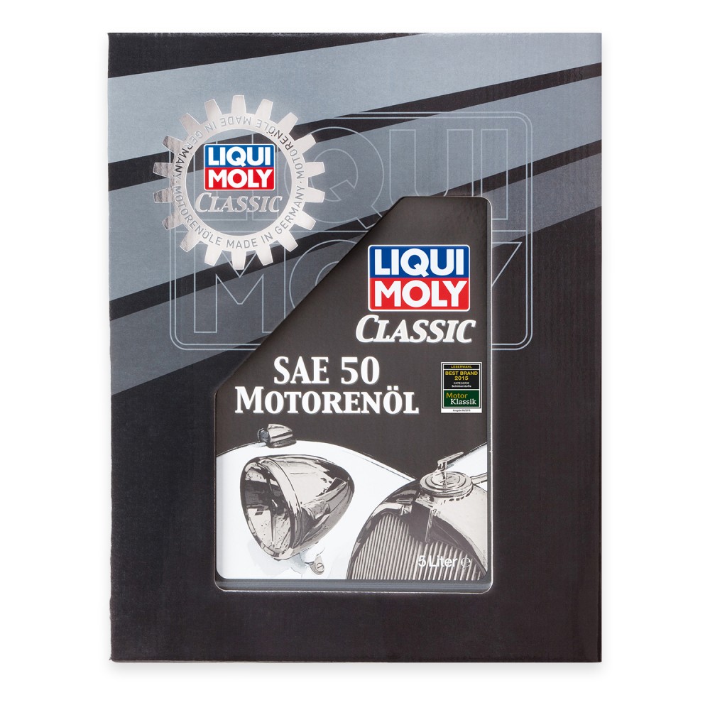 Black and silver packaging featuring the LIQUI MOLY logo, with the text "SAE 50 MOTORÖL" and a vintage car illustration, indicating 5 liters of mineral engine oil.