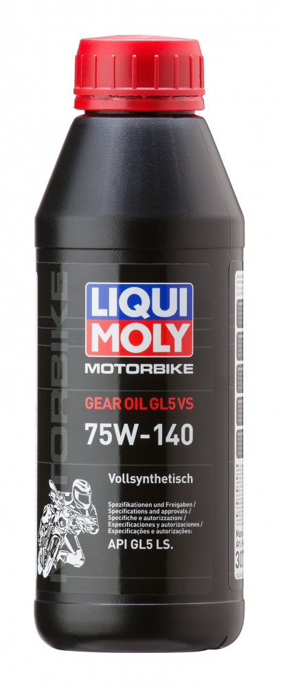 Black plastic bottle with a red screw cap, labeled "LIQUI MOLY MOTORBIKE GEAR OIL GL5 VS 75W-140," featuring a motorcycle graphic and specifications on the side.