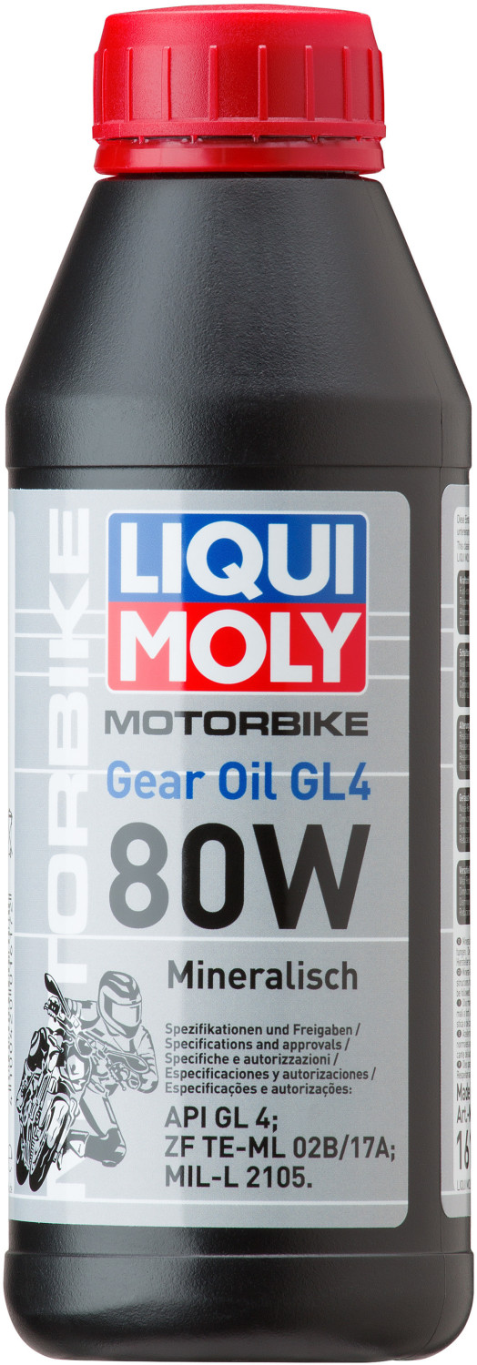 Black and red plastic bottle of LIQUI MOLY 1617 Transmission Oil 80W, featuring a silver label with product details and a motorcycle graphic, capacity of 0.5 liters.