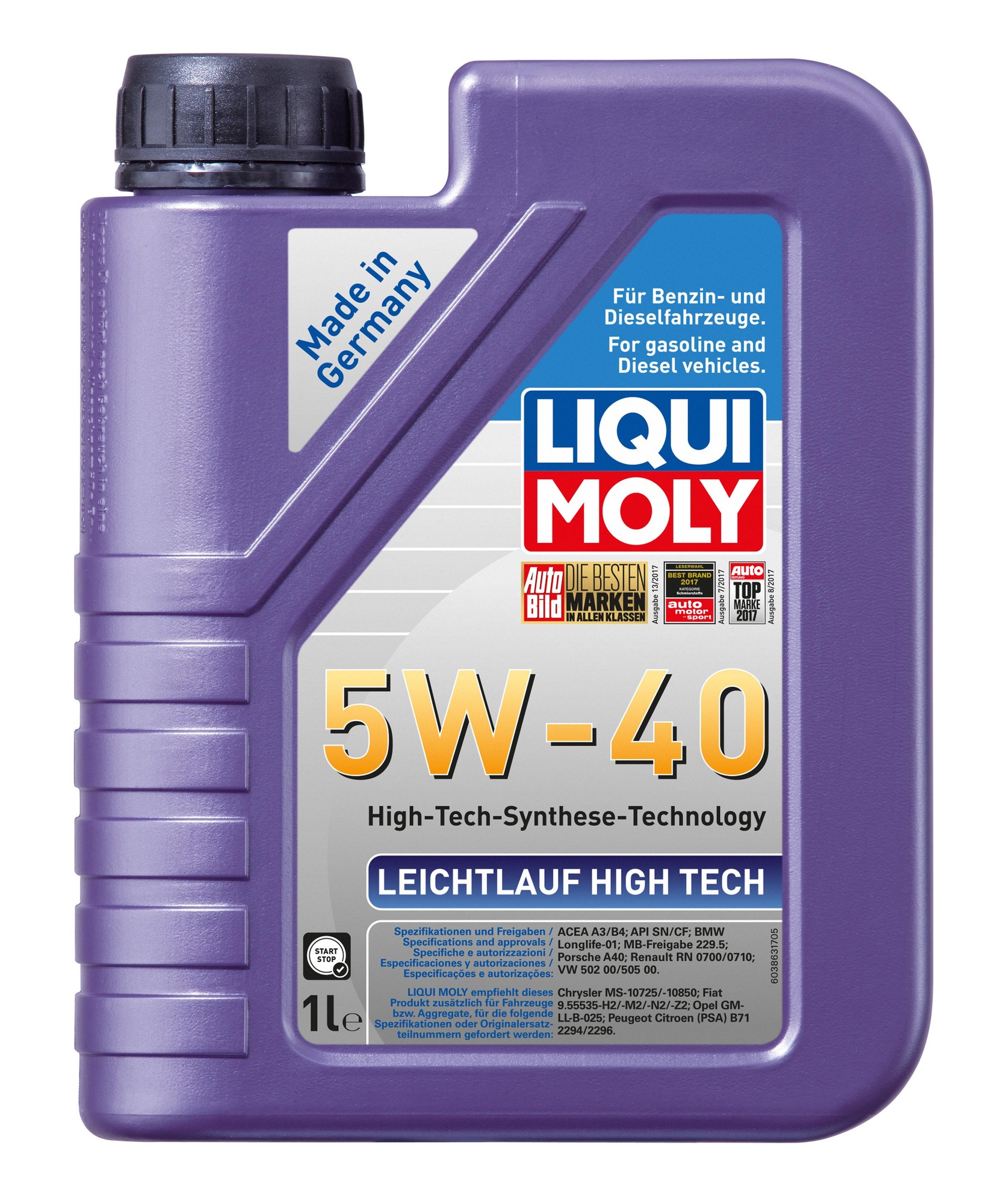 Purple plastic bottle of LIQUI MOLY 2327 Engine Oil 5W-40, 1 liter capacity, featuring a black screw cap and labels in German, highlighting high-tech synthetic technology.