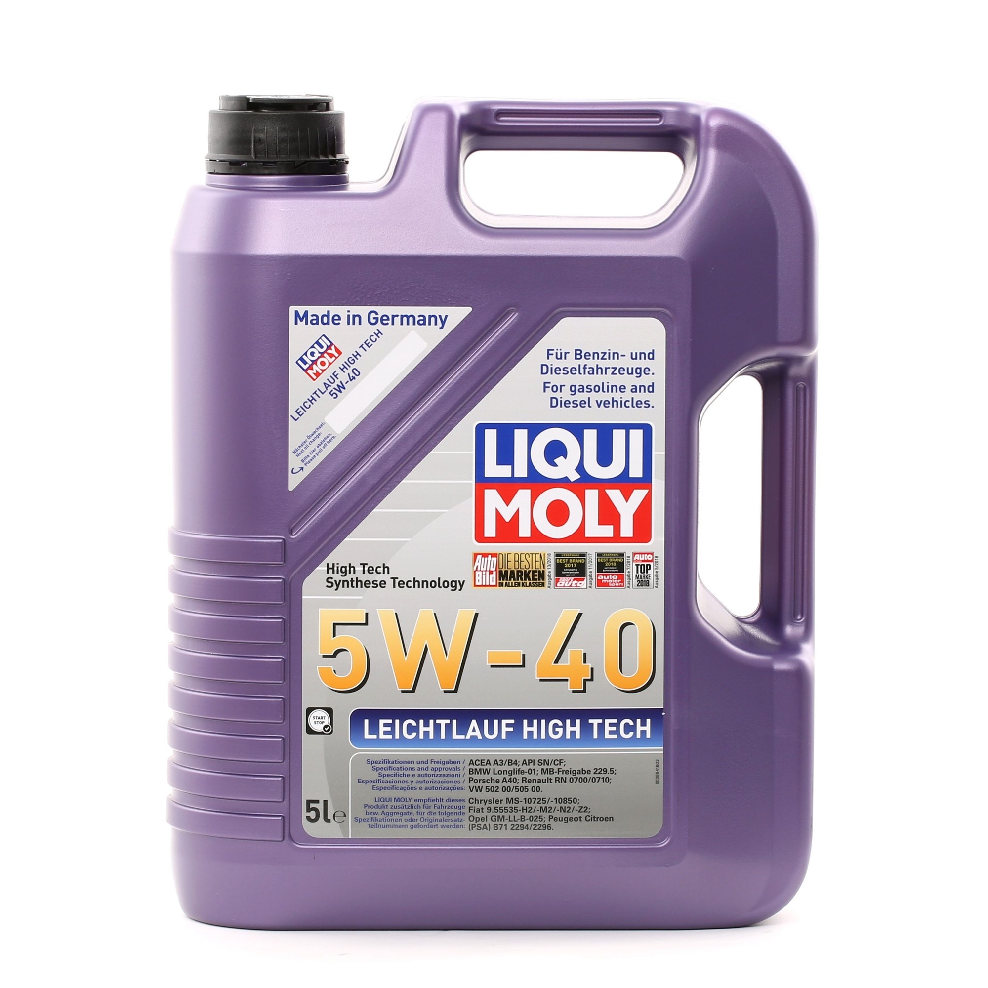 Purple plastic container of LIQUI MOLY 2328 Engine Oil 5W-40, 5 liters, featuring a handle, and labeled with product information in German and English.