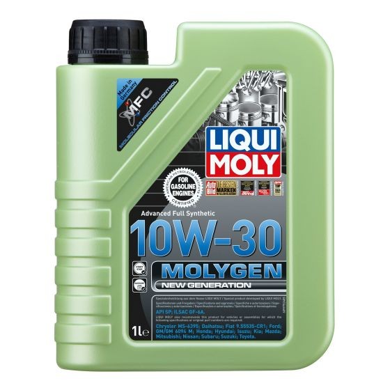 Green plastic container with a black screw cap, labeled "LIQUI MOLY 10W-30 Molygen New Generation," featuring engine oil specifications and a 1-liter capacity.