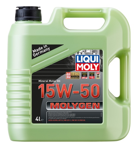 Green 4-liter plastic container of LIQUI MOLY 2539 Engine Oil Molygen 15W-50, featuring a bold red and black label with text detailing its mineral oil composition and specifications.
