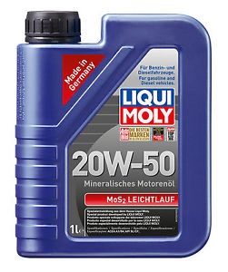 Blue plastic container of LIQUI MOLY 1220 Engine Oil, 1 liter capacity, labeled 20W-50, featuring a black screw cap and highlighted mineral oil details.