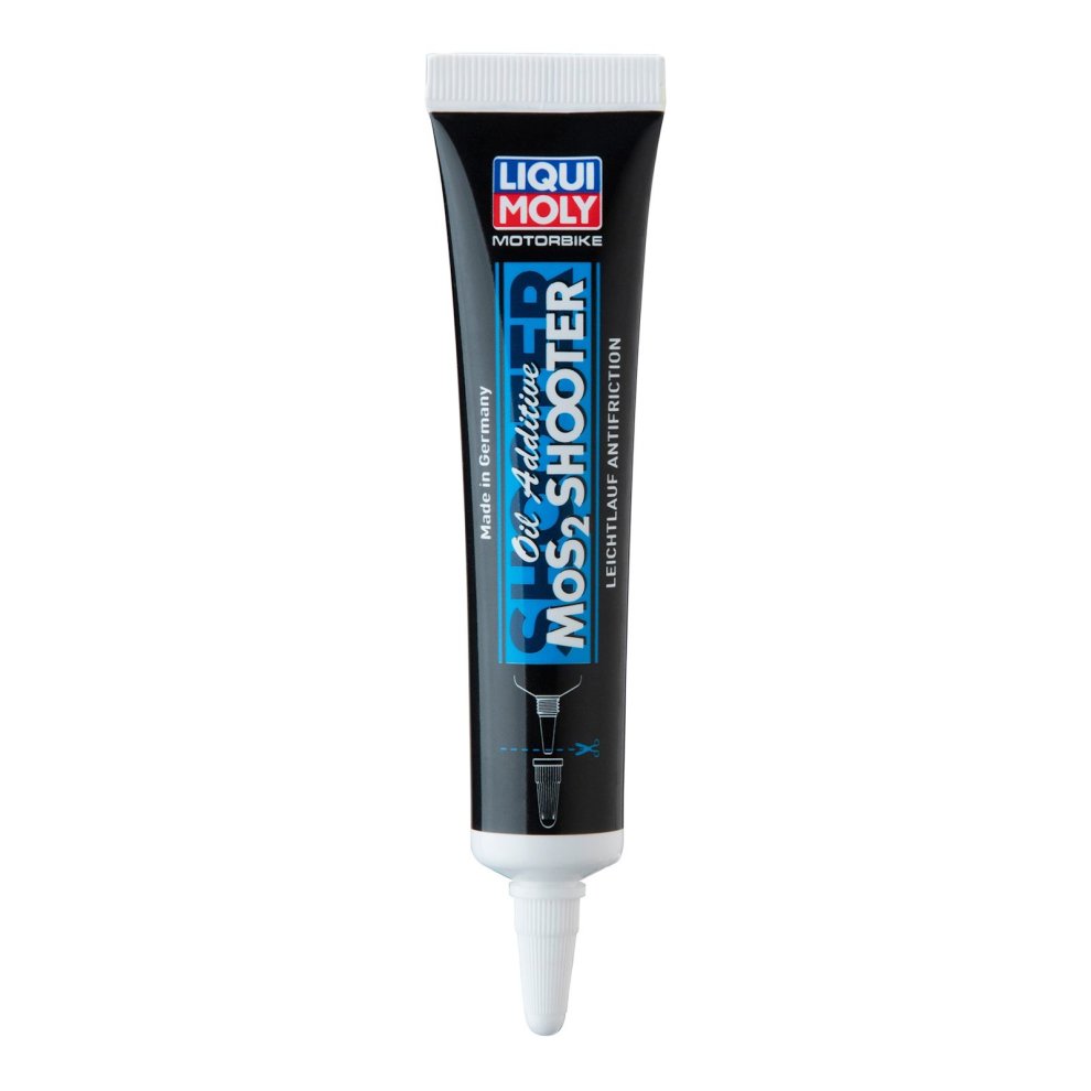 Black tube of Liqui Moly MOS2 Shooter with a white nozzle, featuring bold red and blue text, designed for reducing friction in engines and machinery.