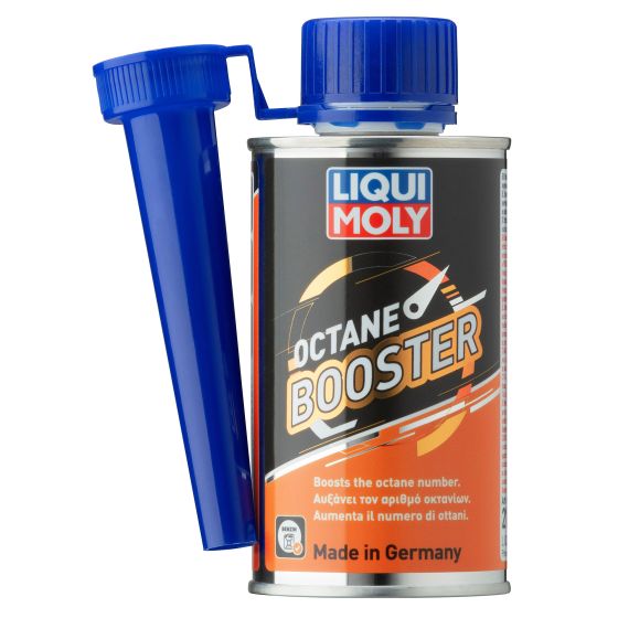 LIQUI MOLY Octane Booster in a silver can with a blue cap and spout, featuring bold orange and black graphics, labeled as a performance petrol fuel additive treatment, 200ml.