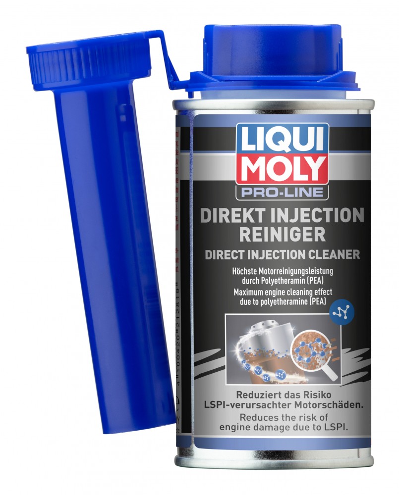 LIQUI MOLY 21281 Pro-Line Direct Injection Cleaner in a 120ml metal container with a blue cap, featuring detailed text on engine cleaning and LSPI risk reduction.