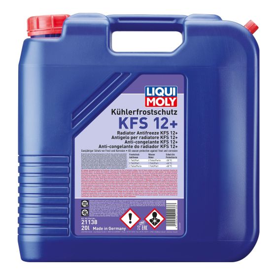 Blue plastic 20-litre container of Liqui Moly Radiator Anti-Freeze, featuring a red cap, clear labeling in multiple languages, and a prominent brand logo.