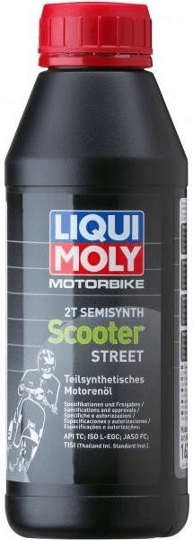 Black plastic bottle with a red and blue label, featuring "Liqui Moly" branding, labeled as "2T Semisynth Scooter Street Oil," 500 ML capacity, designed for two-stroke engines.