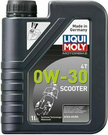 Black plastic container with a spout, labeled "LIQUI MOLY MOTORBIKE 4T 0W-30" in bold colors, featuring a graphic of a scooter and specifications, capacity of 1 liter.
