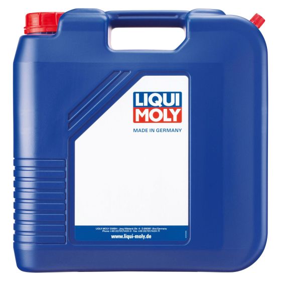 Blue plastic container with a red cap, labeled "LIQUI MOLY," containing 20 liters of 4 Stroke Semi Synthetic HC Scooter 5W-40 Oil, marked with API-SN and JASO-MA2 specifications.