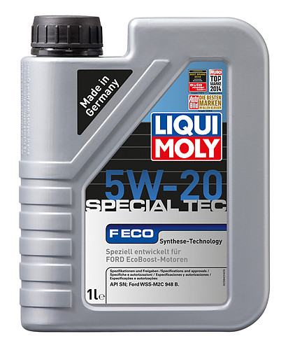Gray plastic container of LIQUI MOLY 3840 Engine Oil 5W-20, with a black screw cap, featuring a colorful label highlighting its specifications and "Made in Germany" text.