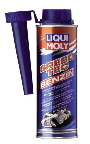 Metal canister of Liqui Moly Speed Tec Benzin, 250ml, featuring a vibrant purple cap and spout, with a racing car graphic and bold text on a blue and orange background.