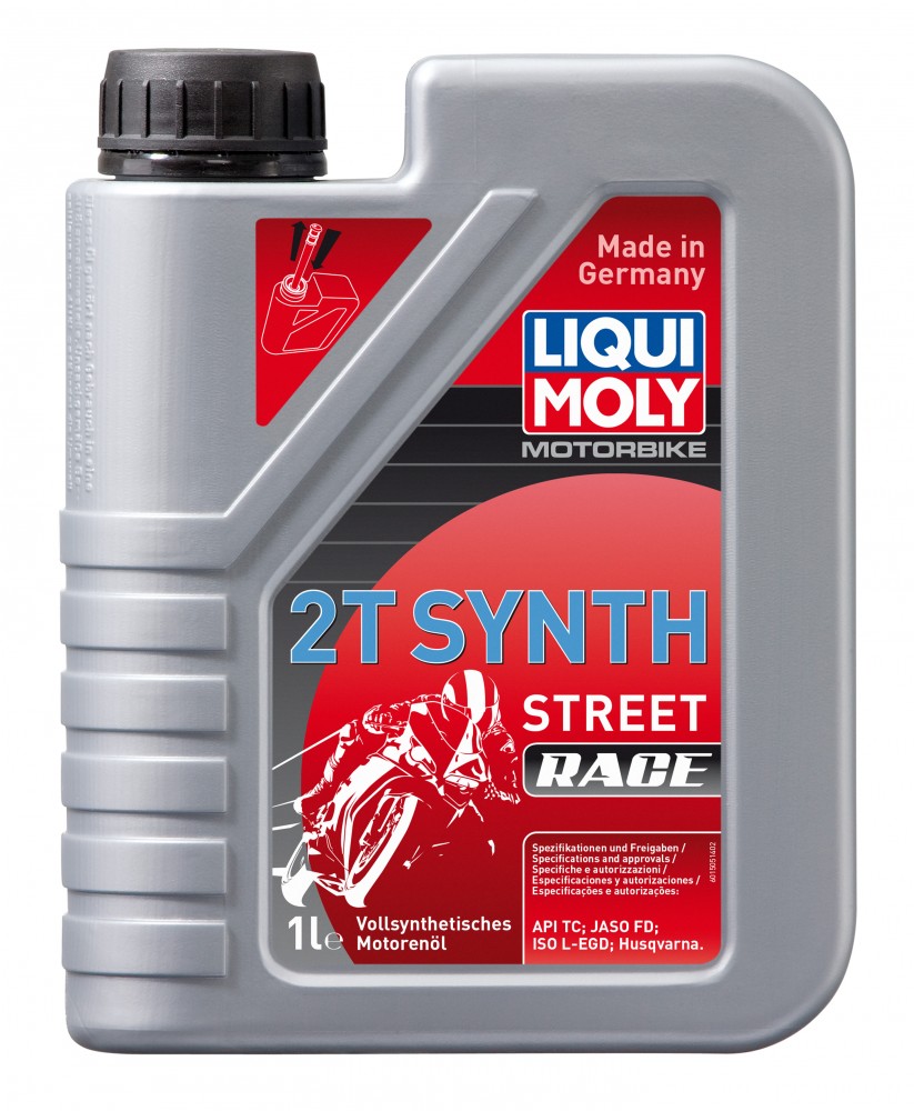 Gray plastic container with a black screw cap, featuring a red and blue label that reads "LIQUI MOLY 2T SYNTH STREET RACE," indicating 1 liter of synthetic engine oil.