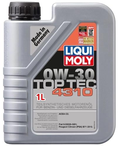 Gray plastic container of LIQUI MOLY 2361 Engine Oil 0W-30, 1-liter capacity, featuring a prominent label with red and black text, and a "Made in Germany" mark.
