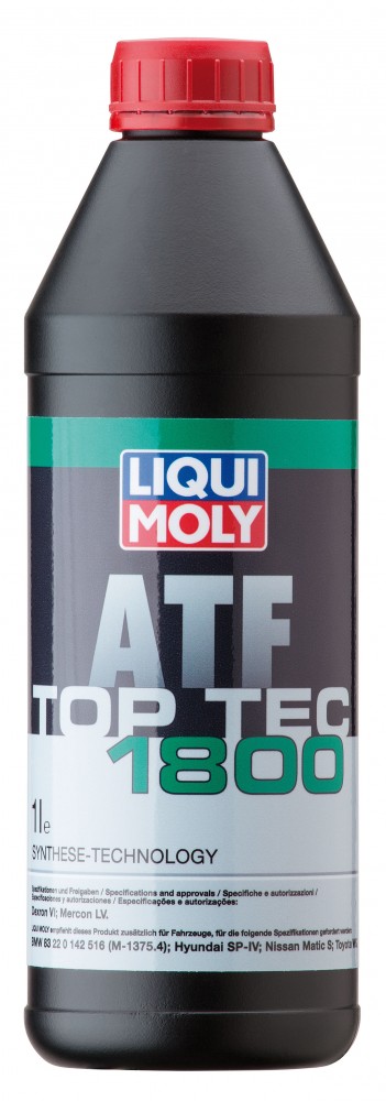 Red and blue bottle of LIQUI MOLY Automatic Transmission Fluid ATF VI 3687, featuring a black cap, labeled for use in VW, AUDI, and MERCEDES-BENZ vehicles, with a 1-liter capacity.