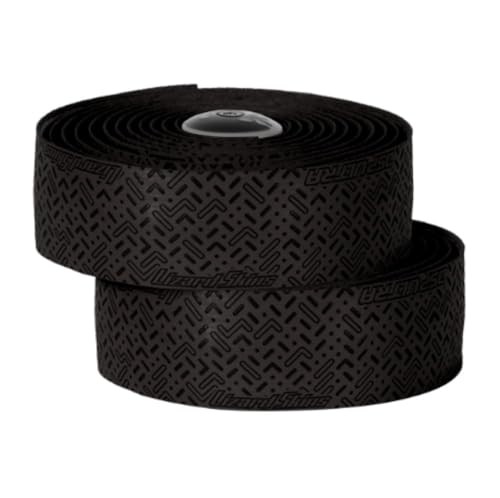 Jet black Lizard Skins DSP Ultra Bar Tape, 3.5mm thick, featuring a textured surface with a patterned design, rolled neatly for easy application.