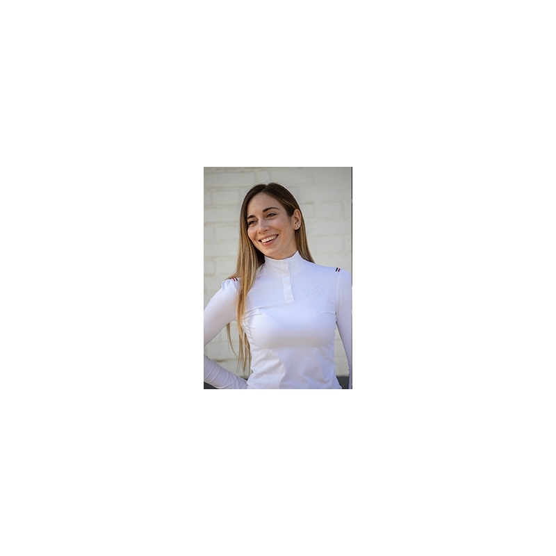 White long sleeve polo shirt for horseback riding featuring a high collar, subtle logo on the chest, and blue accents on the shoulders, made from a breathable material.