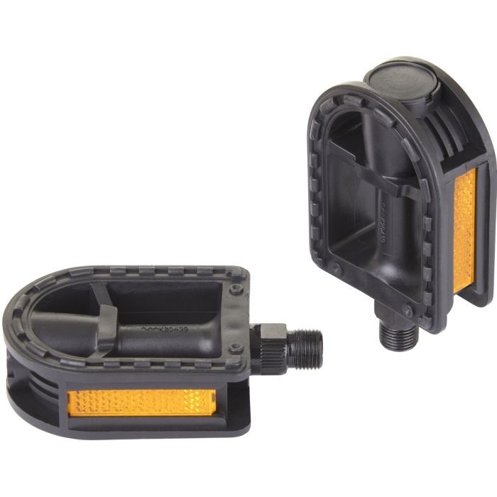 Black resin kids' bike pedals featuring a textured surface for grip, orange reflectors on the sides, and a threaded connector for easy installation.