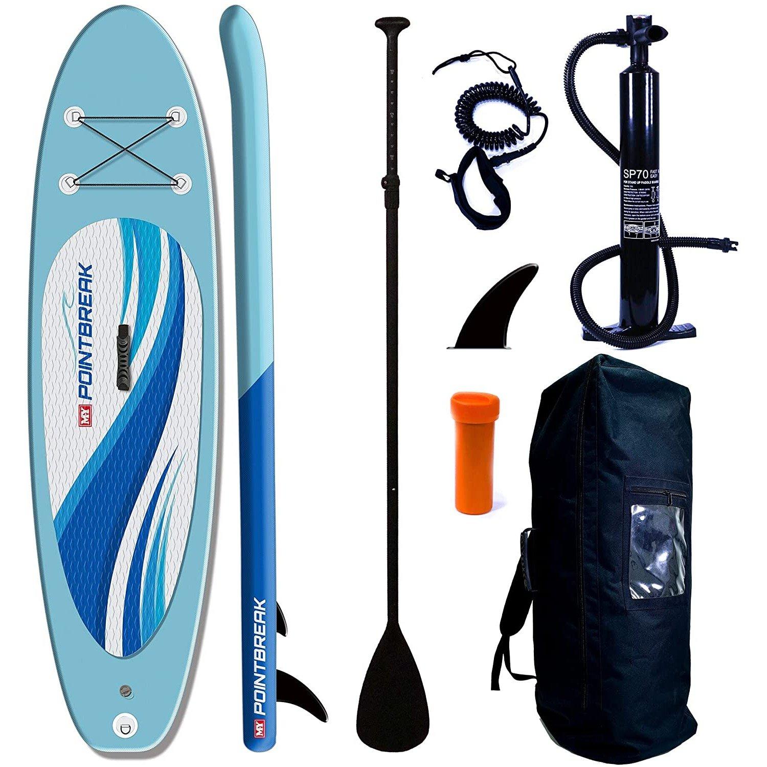 10ft inflatable stand-up paddle board in light blue with white and navy graphics, includes a black paddle, pump, safety leash, fin, and a black carrying bag.