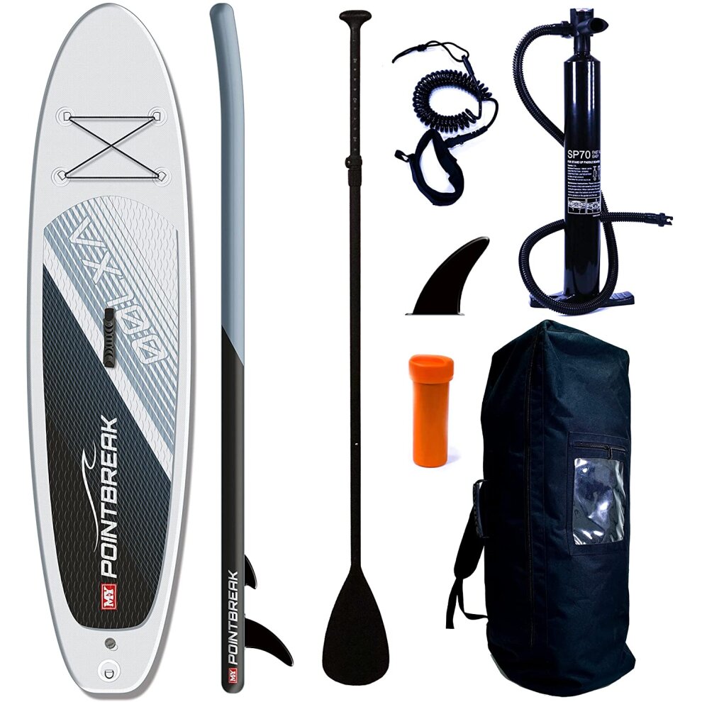 10ft 6in inflatable stand-up paddle board in gray and black with a textured surface, accompanied by a black paddle, pump, safety leash, and carrying bag.