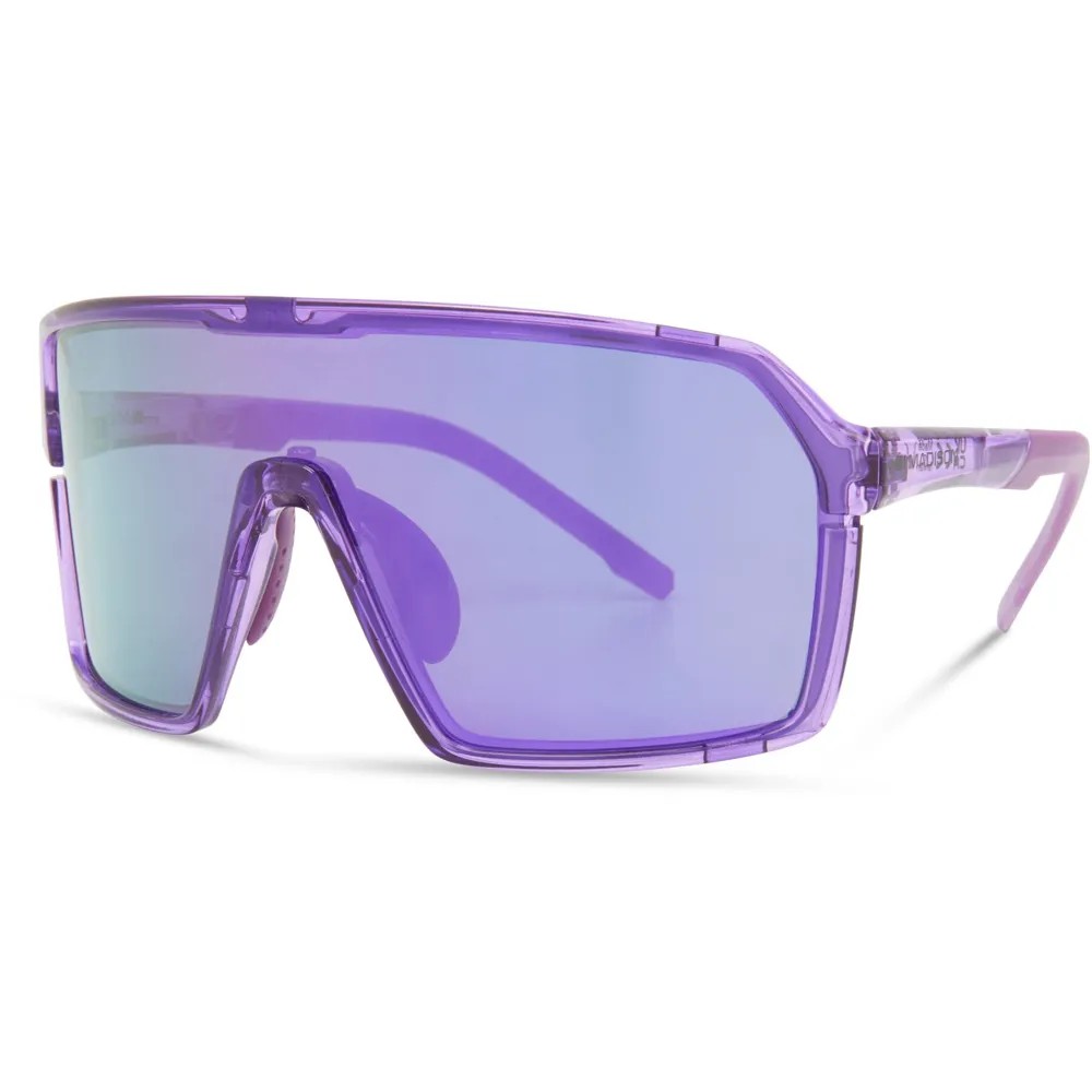 Crystal gloss purple sunglasses with a bold, oversized design, featuring three interchangeable lenses and a striking purple mirror finish.