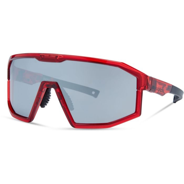 Crystal red frame sunglasses featuring a bold geometric design, with interchangeable black mirror, amber, and clear lenses for versatile use.