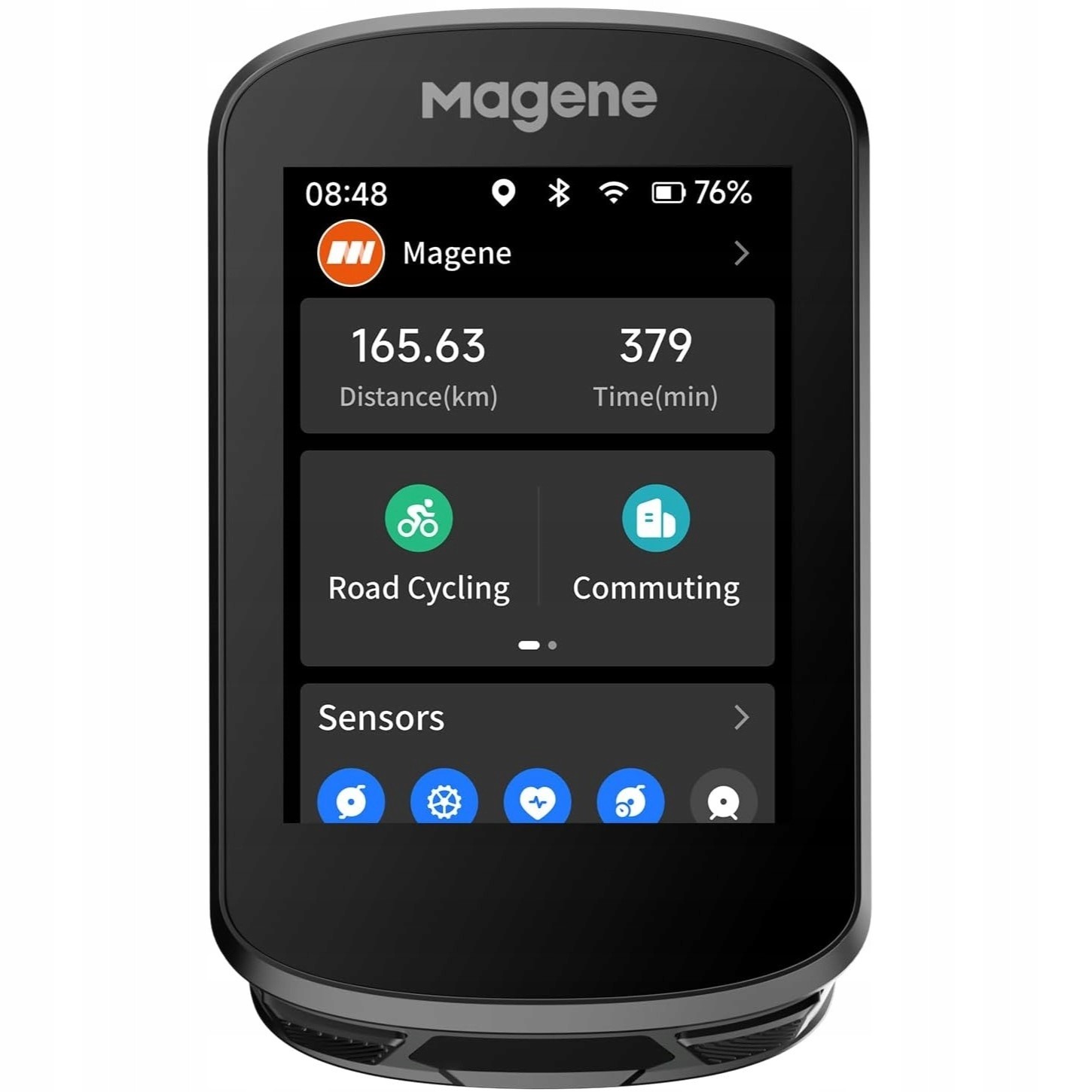 Magene C506 Smart GPS Bike Computer in black with a touchscreen display showing distance, time, and cycling modes, featuring sensor icons and a battery indicator.
