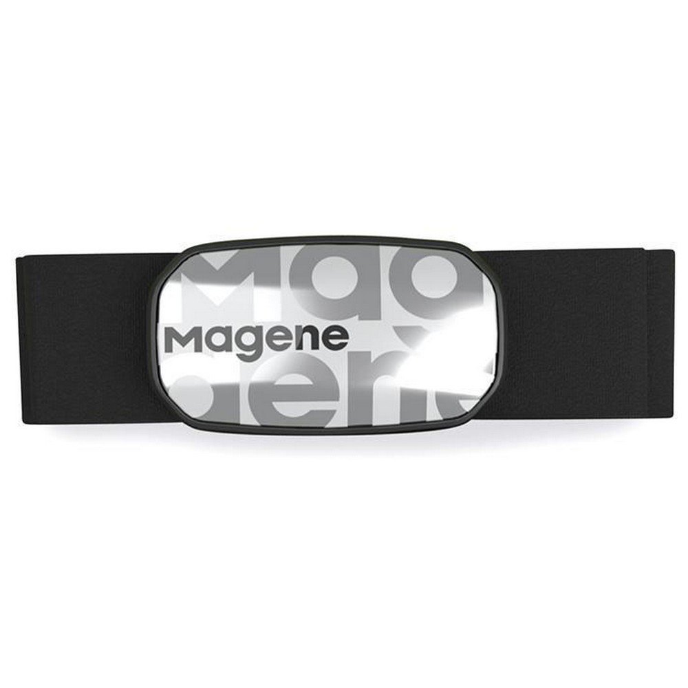 Black elastic strap with a rectangular sensor in the center, featuring a reflective surface and the "magene" logo in white, designed for heart rate monitoring.