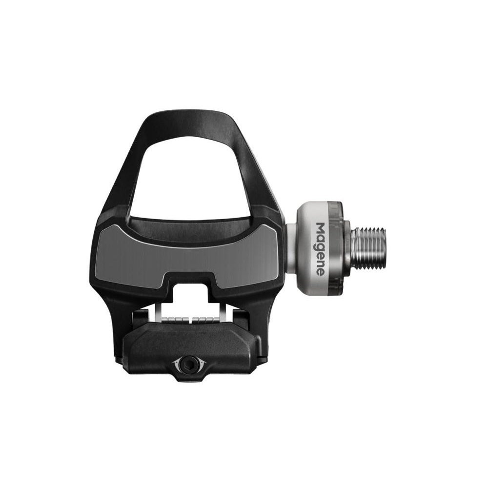 Black and silver Magene P715 Power Meter Pedals with SPD-SL cleat system, featuring a sleek design and a prominent logo on the side.