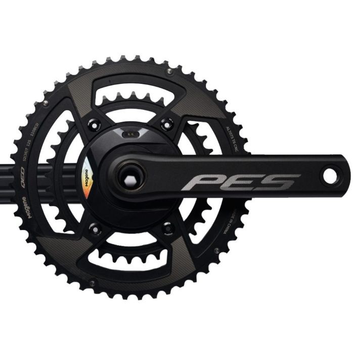 Black Magene PES P515 power meter chainset featuring 165mm crank arms, 52/36T chainrings, and a sleek design with silver accents and a carbon fiber finish.