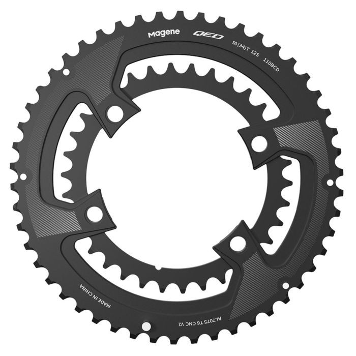 Black Magene QED split chainrings with 53/39T configuration, featuring a sleek design, multiple bolt holes, and textured surfaces for improved grip and performance.
