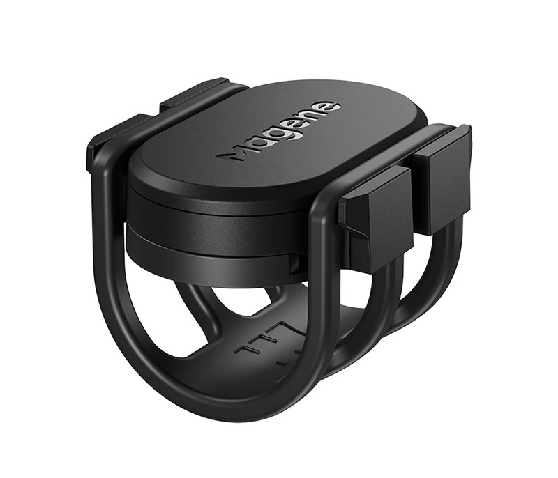 Black Magene S314 Speed/Cadence Dual-Mode Sensor with a sleek oval design and two adjustable mounting brackets for easy attachment to bicycles.