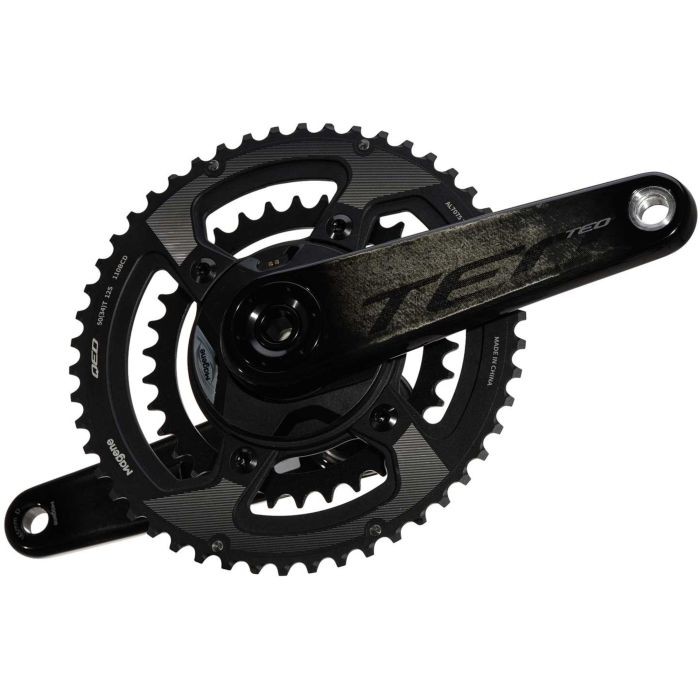 Magene TEO P515 carbon power meter chainset in black, featuring 165mm crank arms and 52/36T chainrings, designed for high-performance cycling.