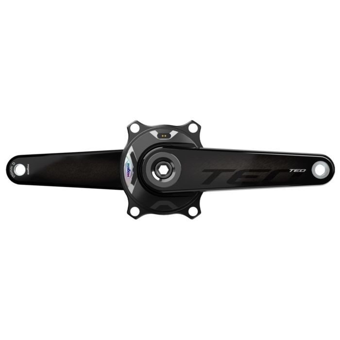 Black carbon crank set with a sleek design, featuring the "TEO" logo, a power meter sensor, and a length of 172.5mm for enhanced cycling performance.