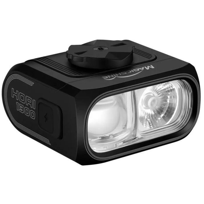 Compact black front light with two bright LEDs, featuring a sturdy mount on top and a power button on the side, labeled "Hori 1300" by Magicshine.