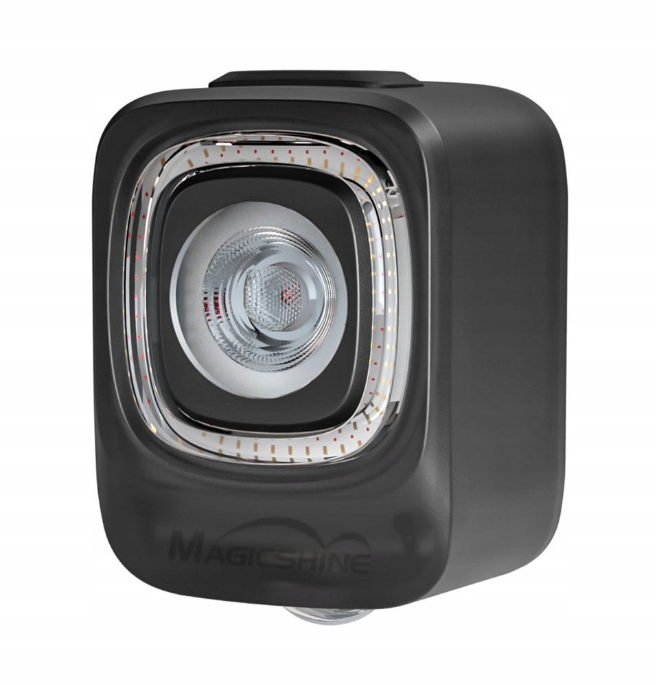 Black rectangular rear light with a clear lens, featuring a circular LED in the center and a reflective border, designed for bicycles with a sleek, modern appearance.